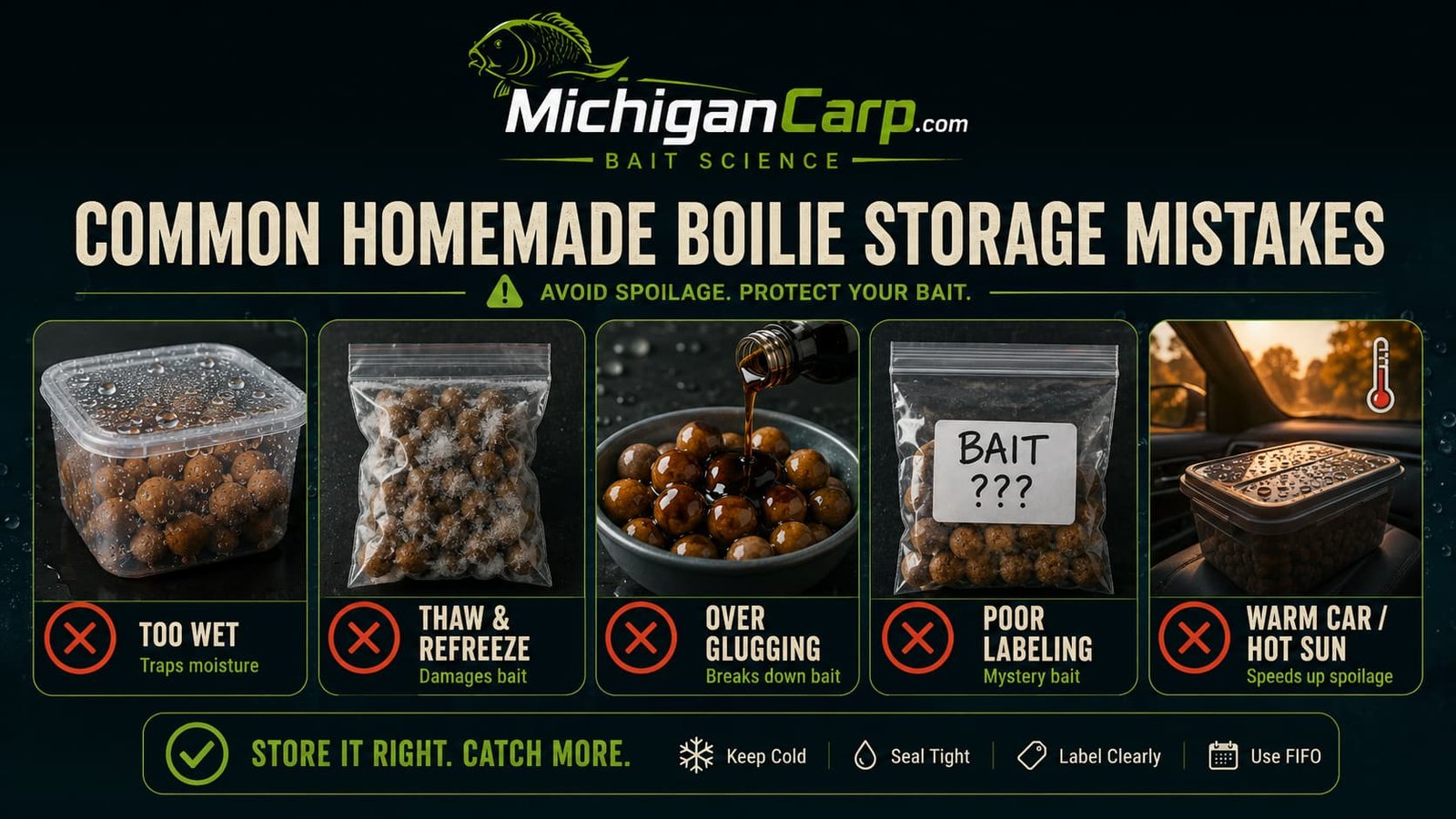 Common homemade boilie storage mistakes including bagging bait too wet, freezing warm bait, repeated thawing, hot vehicle storage, over-glugging and unlabeled bags.