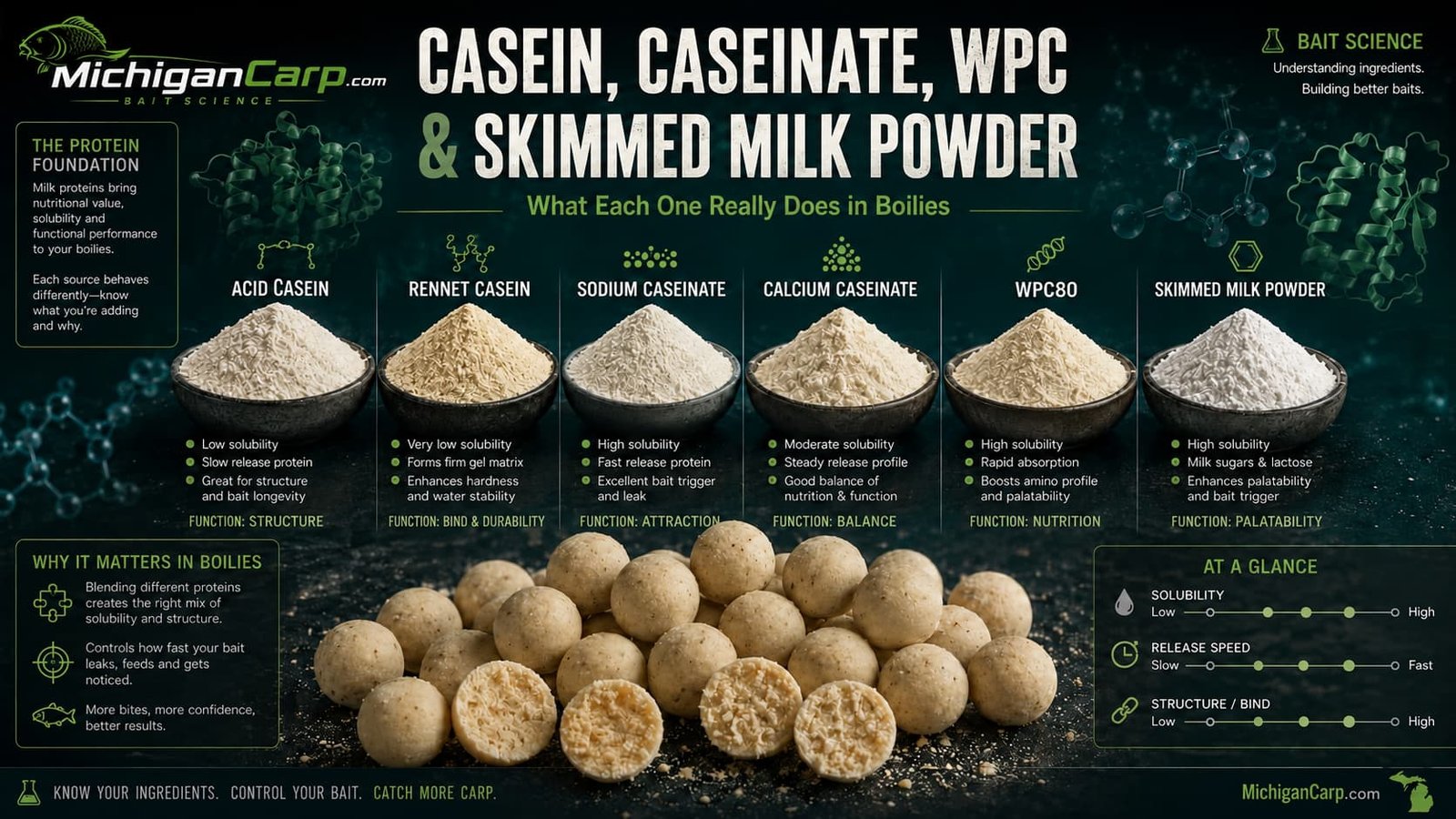 Casein VS WPC for boilies and skimmed milk powder in boilies comparison showing milk protein powders boilies and bait science notes