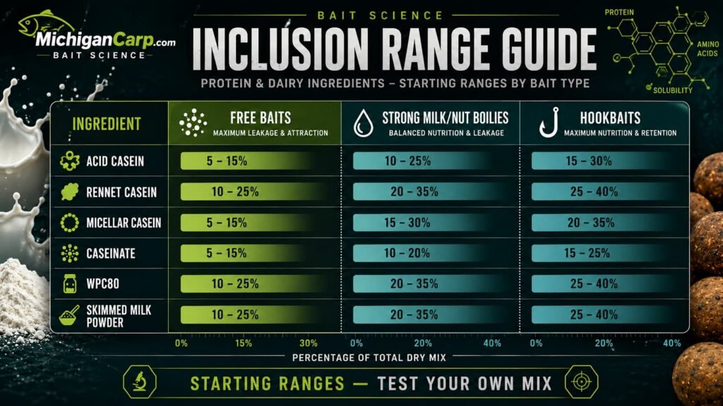 Inclusion range guide for casein caseinate WPC80 micellar casein and skimmed milk powder in boilies and hookbaits