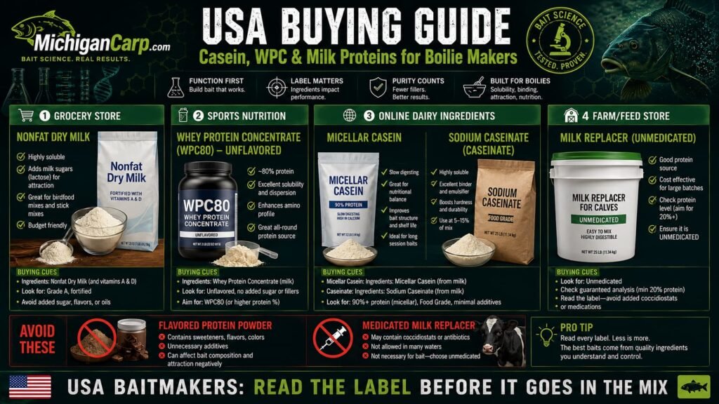 USA buying guide for casein WPC80 micellar casein skimmed milk powder and caseinate for boilie makers