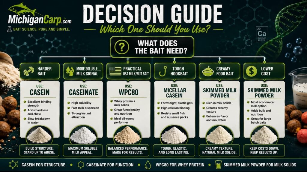 Decision guide showing when to use casein caseinate WPC80 skimmed milk powder and micellar casein in boilie making