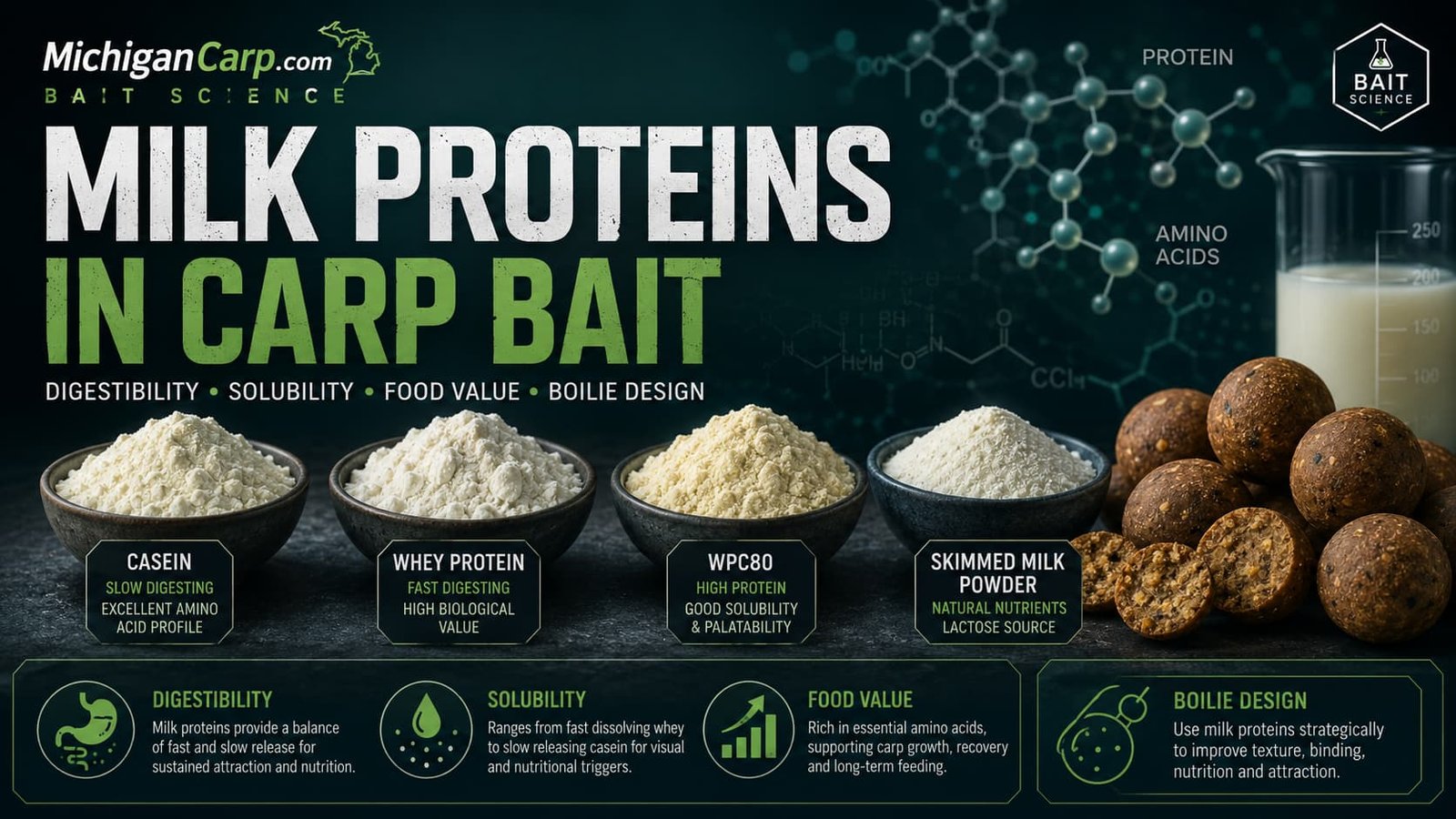 Milk proteins in carp bait showing casein whey protein WPC80 skimmed milk powder boilies digestibility solubility and food value