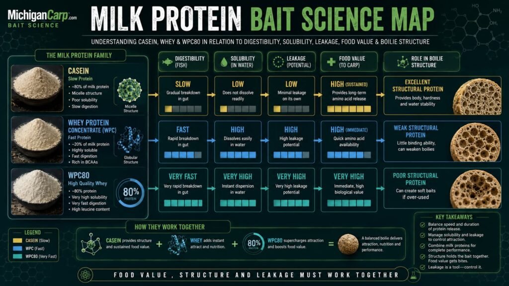 Milk protein bait science map showing casein whey WPC80 digestibility solubility leakage food value and boilie structure