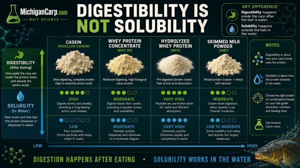 Digestibility versus solubility diagram for milk proteins in carp bait showing casein whey hydrolyzed whey and skimmed milk powder
