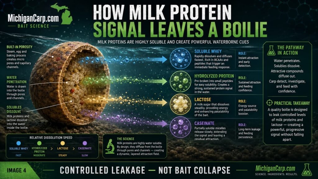 Milk protein leakage pathway showing soluble whey hydrolyzed protein lactose caseinate and boilie signals moving into water