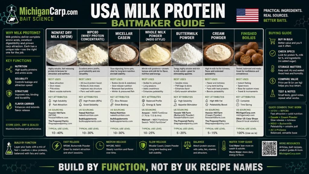 USA milk protein baitmaker guide showing nonfat dry milk WPC80 micellar casein Nido buttermilk powder cream powder and boilies
