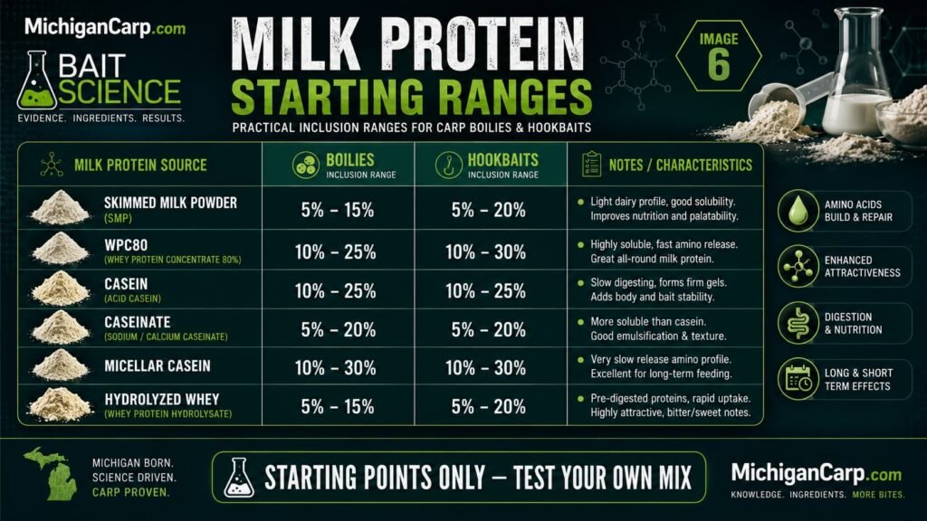 Milk protein inclusion range guide for carp boilies and hookbaits showing skimmed milk powder WPC80 casein caseinate micellar casein and hydrolyzed whey