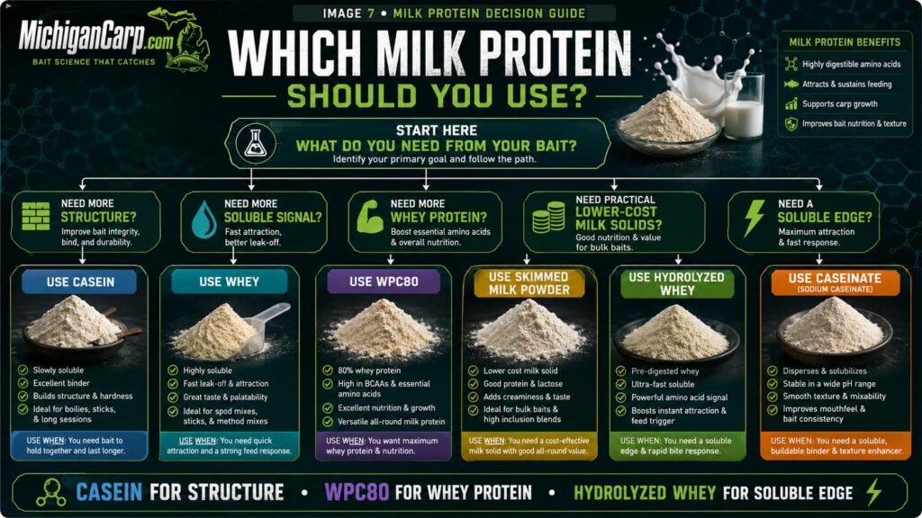 Milk protein carp bait decision guide showing when to use casein whey WPC80 skimmed milk powder hydrolyzed whey and caseinate