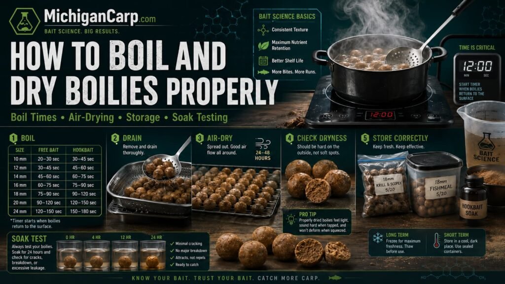 How to boil and dry boilies properly showing homemade boilies boiling pan drying racks boil times air drying and storage