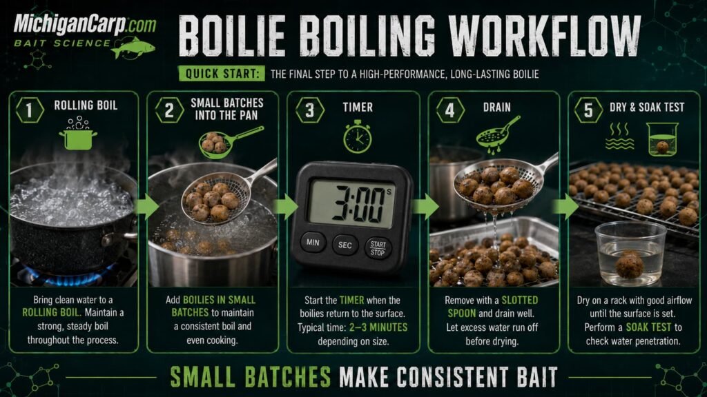 Homemade boilie boiling workflow showing rolling boil small batches timer draining drying rack and soak testing