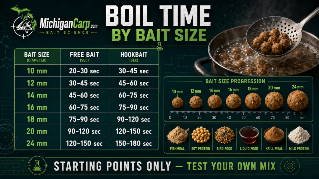 Boilie boil time by size chart showing practical starting times for 10mm 12mm 14mm 16mm 18mm 20mm and 24mm free baits and hookbaits