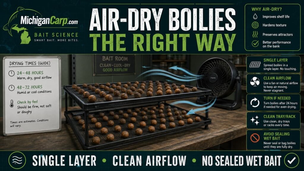 Boilie air drying setup showing homemade boilies spread on racks with airflow fan labels and drying times