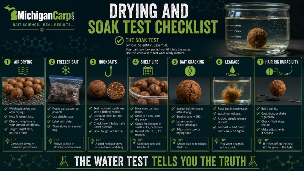 Boilie drying and soak test checklist showing air drying freezer bait hookbaits shelf life bait cracking leakage and hair rig durability
