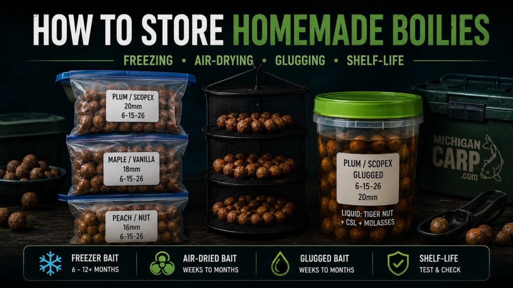 How to store homemade boilies showing freezer bait bags air dried boilies glugged hookbaits shelf life tubs labels and carp bait storage