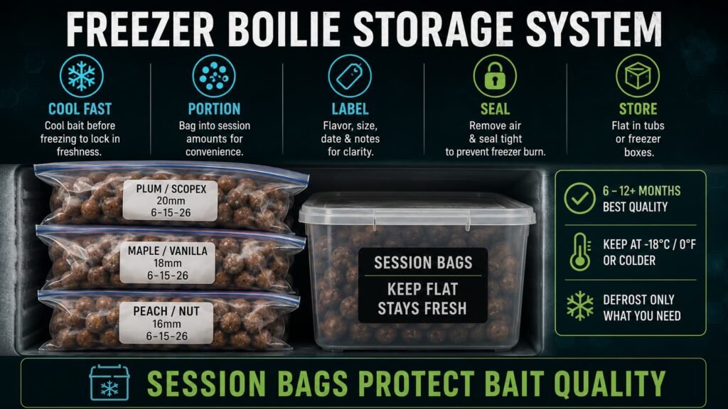 Freezer boilie storage system showing homemade boilies in labeled session bags freezer tubs dates bait size and flavor notes