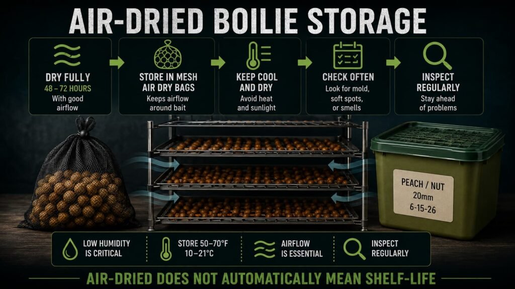 Air dried boilie storage guide showing mesh air dry bags drying racks airflow labels and homemade carp bait storage
