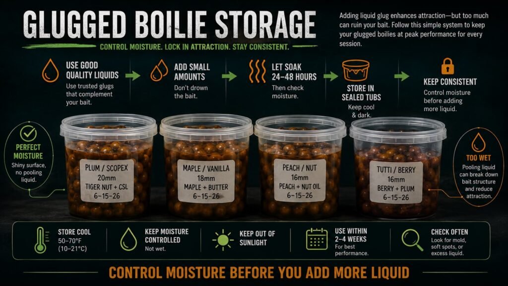 Glugged boilie storage guide showing carp boilies in tubs with liquid glug labels moisture warning and hookbait storage
