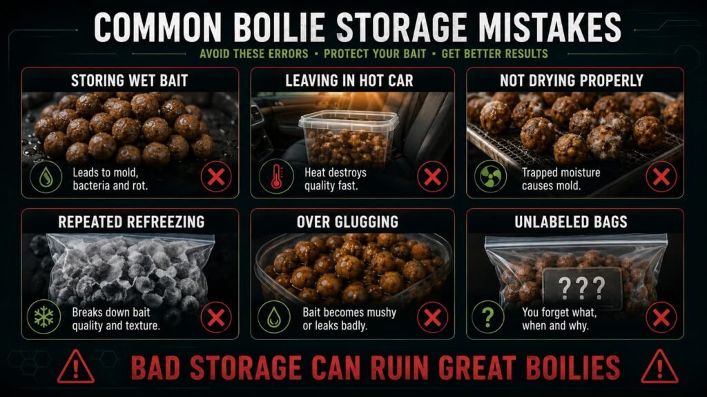 Boilie storage mistakes checklist showing wet bait hot car mold rancidity repeated refreezing over glugging and unlabeled bags
