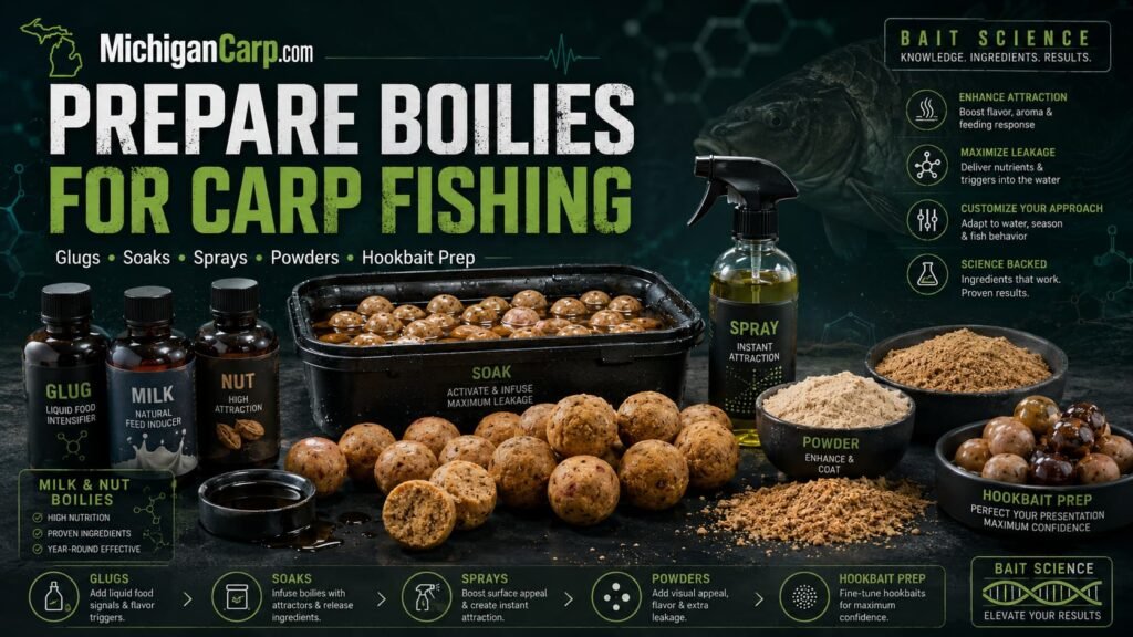 How to prepare boilies for carp fishing showing glugs soaks sprays powders hookbait prep boilie crumb and milk nut boilies