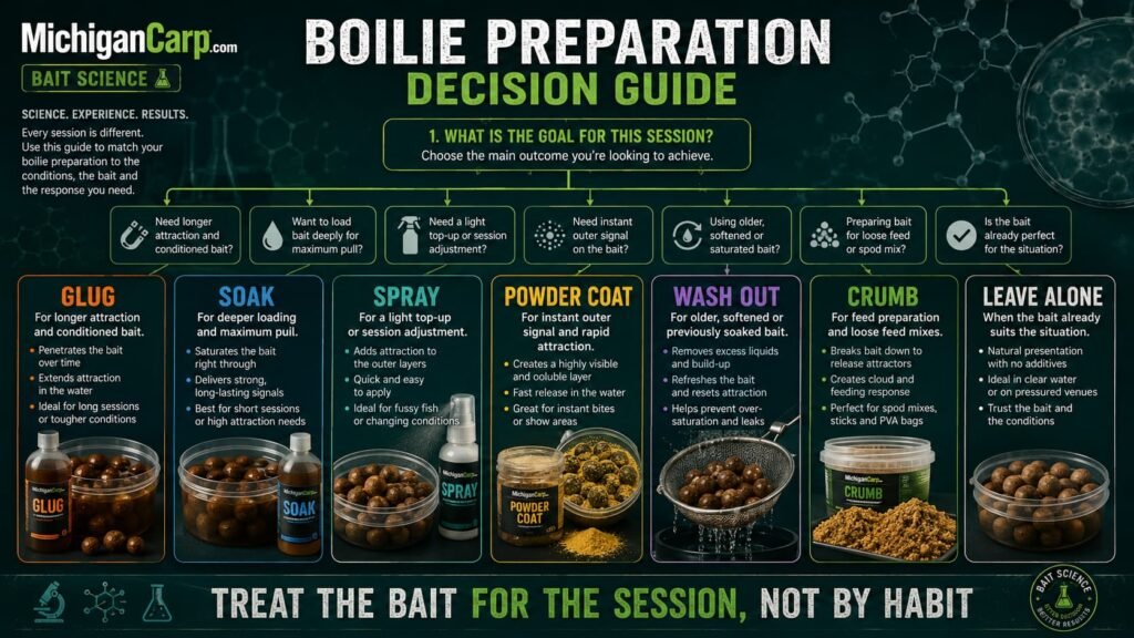 Boilie preparation decision guide showing when to glug soak spray powder coat wash out crumb or leave boilies alone
