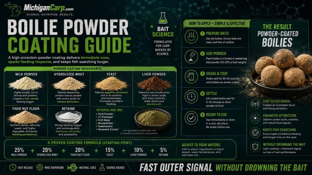 Boilie powder coating guide showing milk powder hydrolyzed whey yeast liver powder tiger nut flour betaine and coated boilies