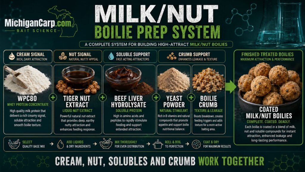 Milk nut boilie preparation system showing tiger nut extract WPC80 beef liver hydrolysate yeast powder boilie crumb and coated boilies