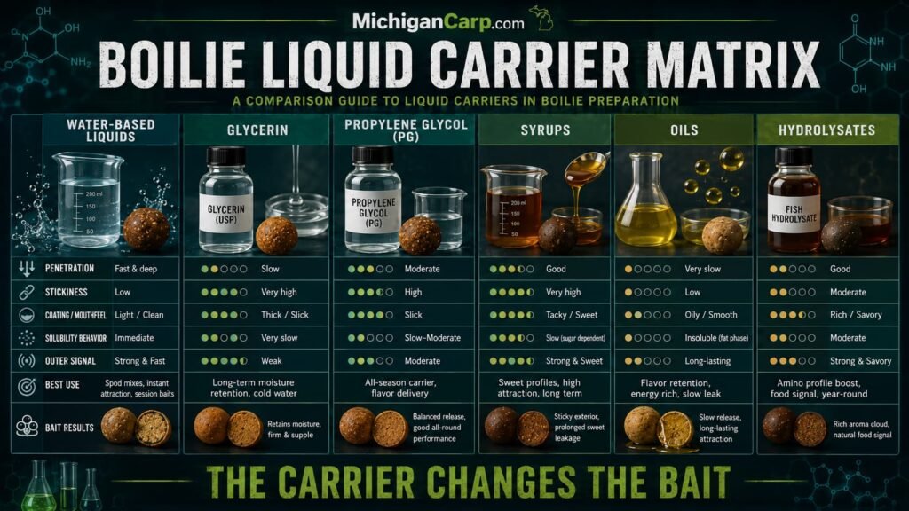 Boilie glugging amount guide showing light spray light glug moderate glug heavy soak and hookbait conditioning levels