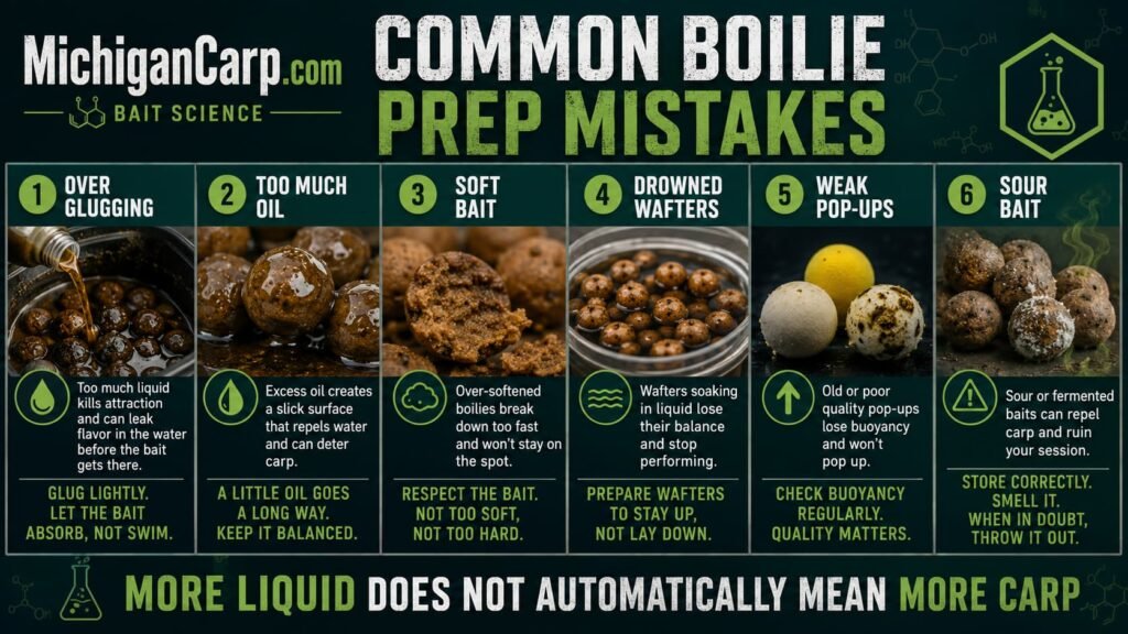 Common boilie preparation mistakes showing over glugging too much oil soft bait drowned wafters weak pop ups and sour bait