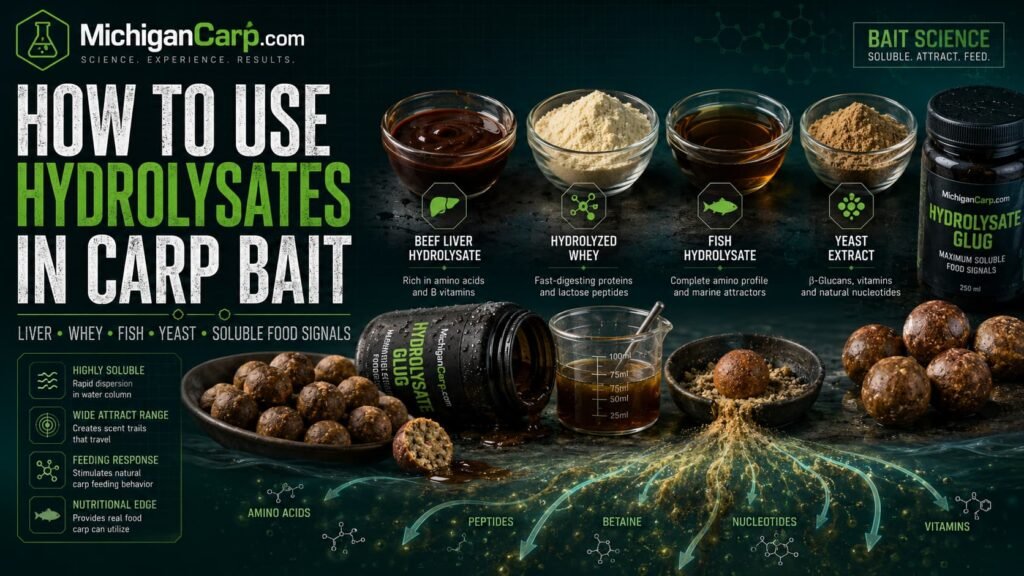 How to use hydrolysates in carp bait showing liver hydrolysate hydrolyzed whey fish hydrolysate yeast extract boilies glugs hookbait prep and soluble food signals