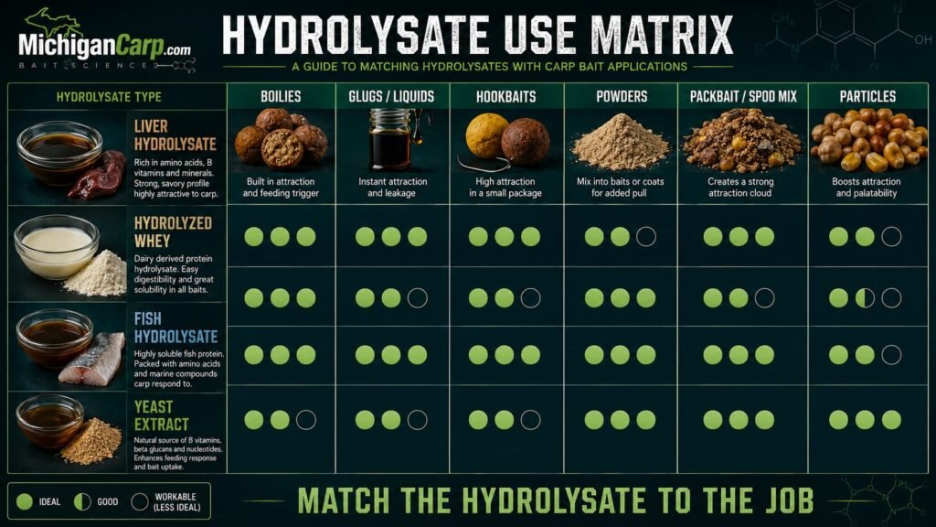 Hydrolysate use matrix for carp bait showing liver whey fish yeast boilies glugs hookbaits powders packbait and particles