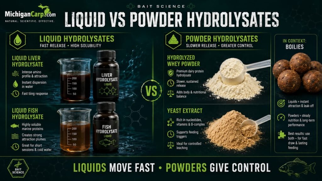 Liquid versus powder hydrolysates for carp bait showing liquid liver fish hydrolysate hydrolyzed whey powder yeast extract and boilies