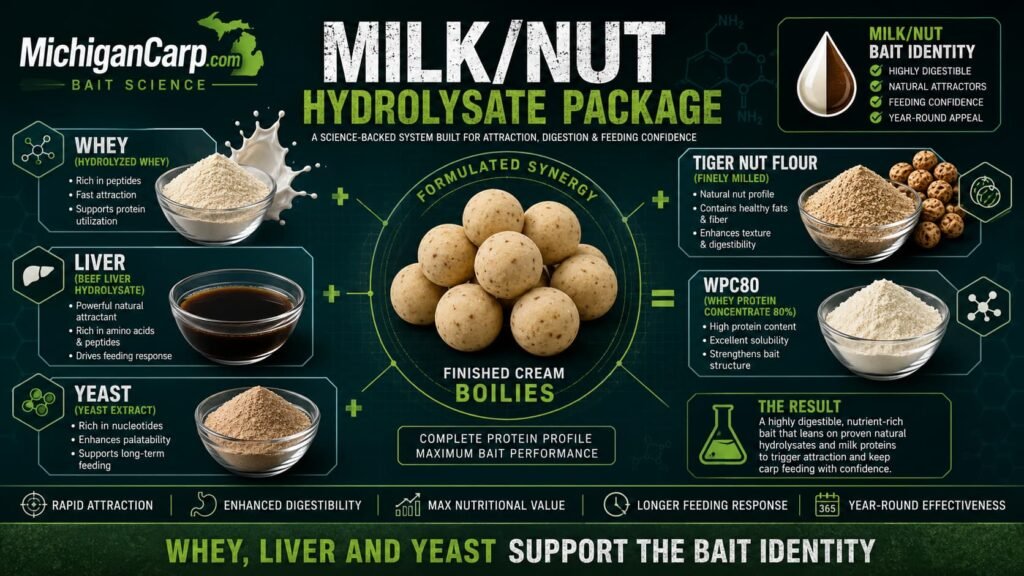 Milk nut hydrolysate package showing beef liver hydrolysate hydrolyzed whey yeast extract tiger nut flour WPC80 and cream boilies