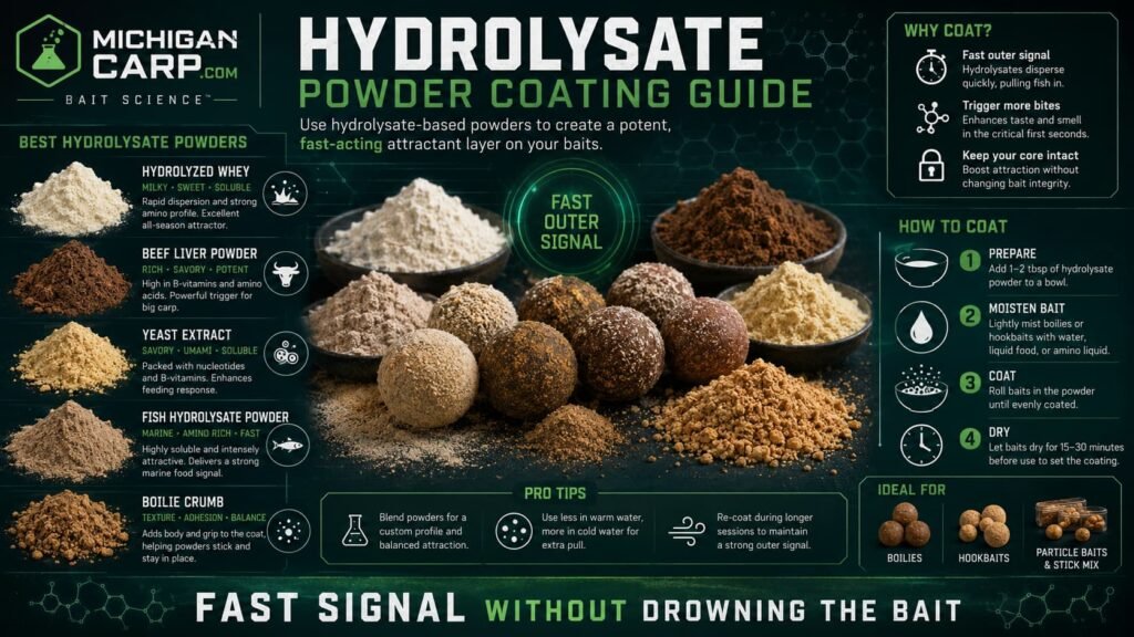 Hydrolysate powder coating guide showing hydrolyzed whey beef liver powder yeast fish hydrolysate boilie crumb and coated hookbaits
