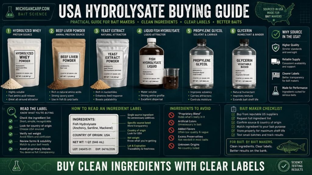 USA hydrolysate buying guide for carp bait showing hydrolyzed whey beef liver powder yeast extract liquid fish hydrolysate propylene glycol glycerin and labels