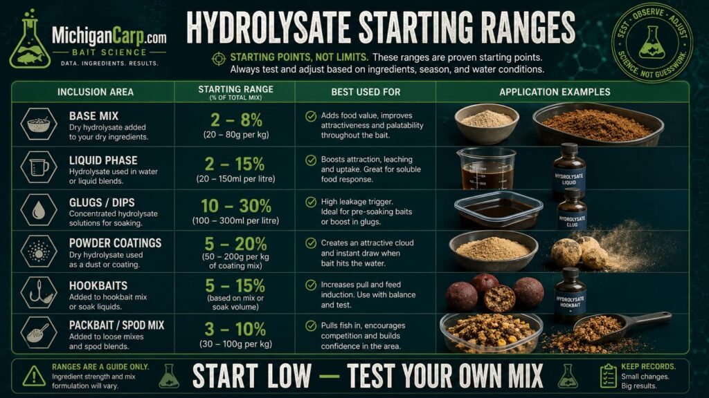Hydrolysate inclusion range guide for carp bait showing base mix liquid phase glugs powder coatings hookbaits and packbait