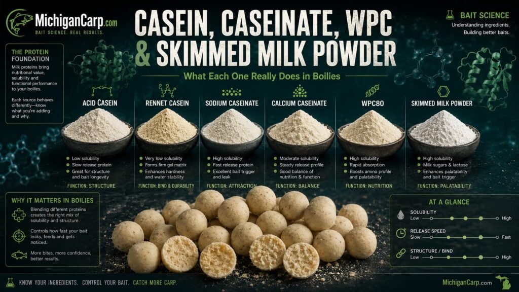Casein caseinate WPC80 and skimmed milk powder in boilies comparison showing milk protein powders boilies and bait science notes