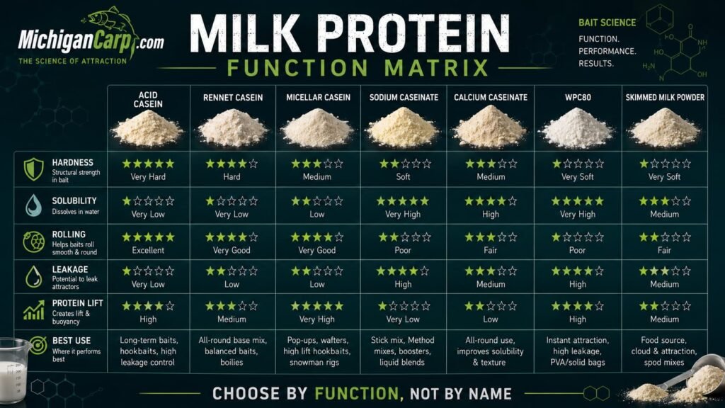 Milk protein function matrix comparing acid casein rennet casein sodium caseinate calcium caseinate WPC80 and skimmed milk powder for boilies