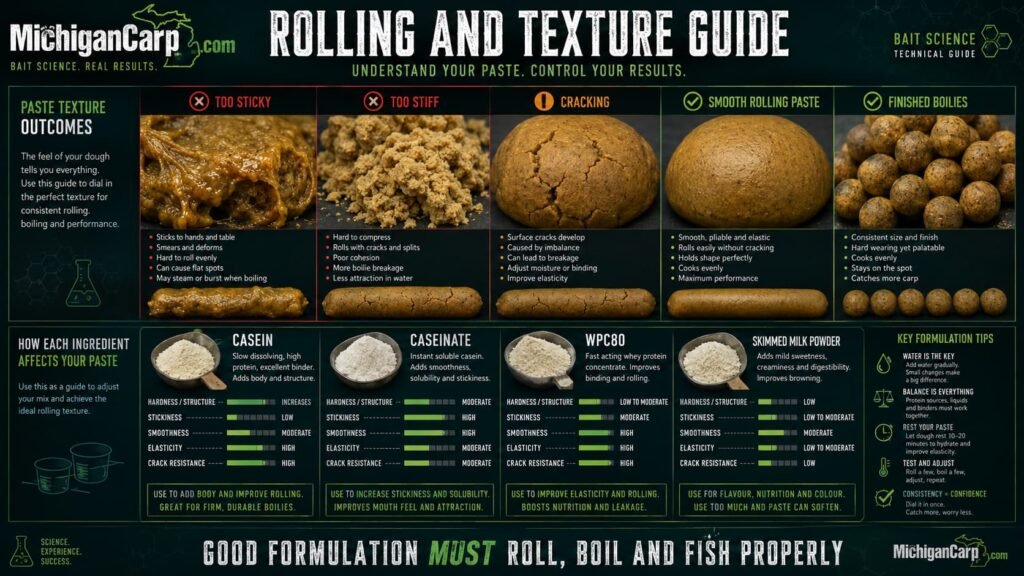 Boilie rolling texture guide showing how casein caseinate WPC80 and skimmed milk powder affect paste hardness stickiness smoothness and cracking