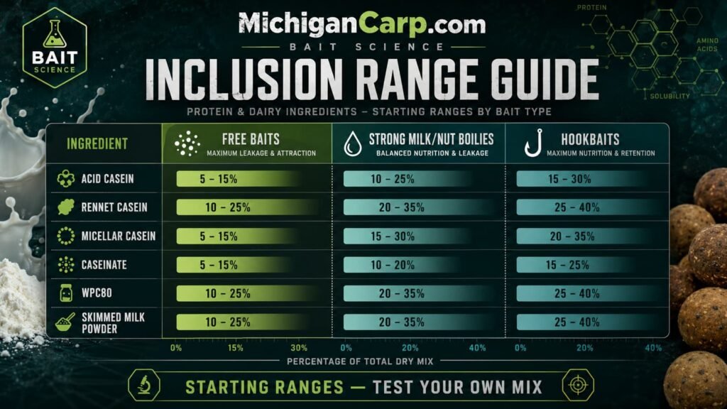 Inclusion range guide for casein caseinate WPC80 micellar casein and skimmed milk powder in boilies and hookbaits