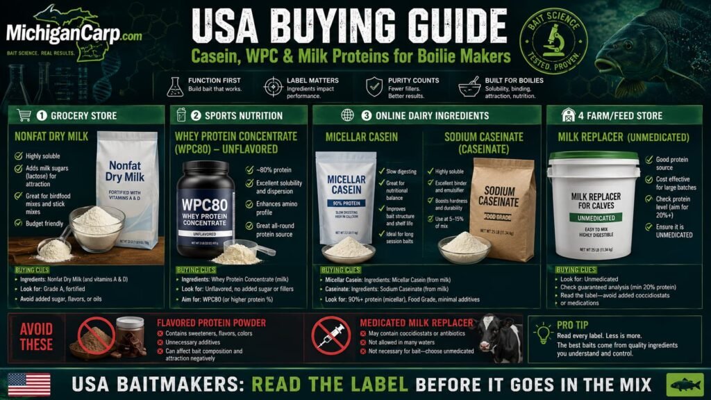 USA buying guide for casein WPC80 micellar casein skimmed milk powder and caseinate for boilie makers