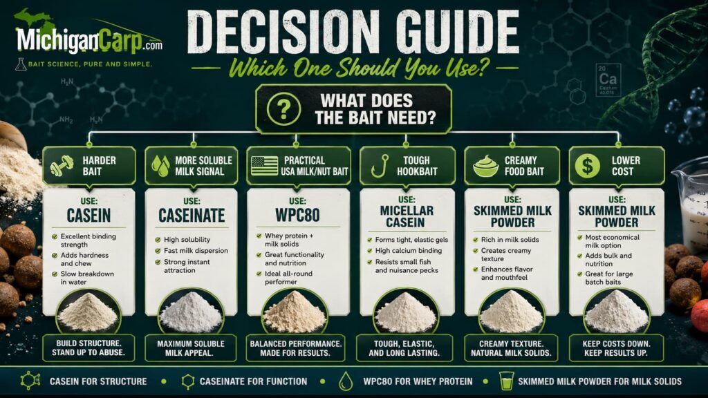 Decision guide showing when to use casein caseinate WPC80 skimmed milk powder and micellar casein in boilie making