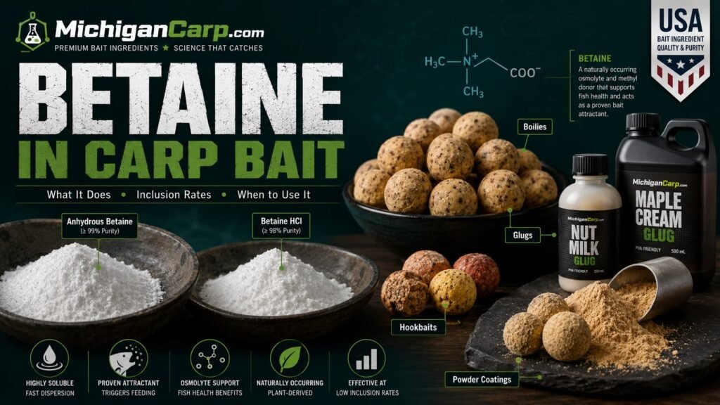 Betaine in carp bait showing anhydrous betaine betaine HCl boilies hookbaits glugs powder coatings and USA bait ingredients