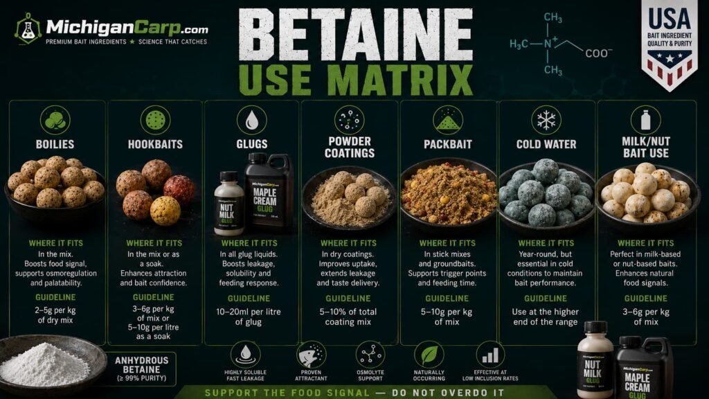 Betaine use matrix for carp bait showing boilies hookbaits glugs powder coatings packbait cold water and milk nut bait use