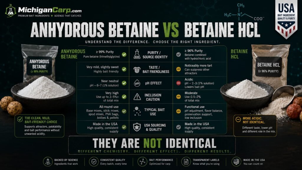 Anhydrous betaine versus betaine HCl for carp bait showing powder labels boilies inclusion rates taste pH and USA sourcing