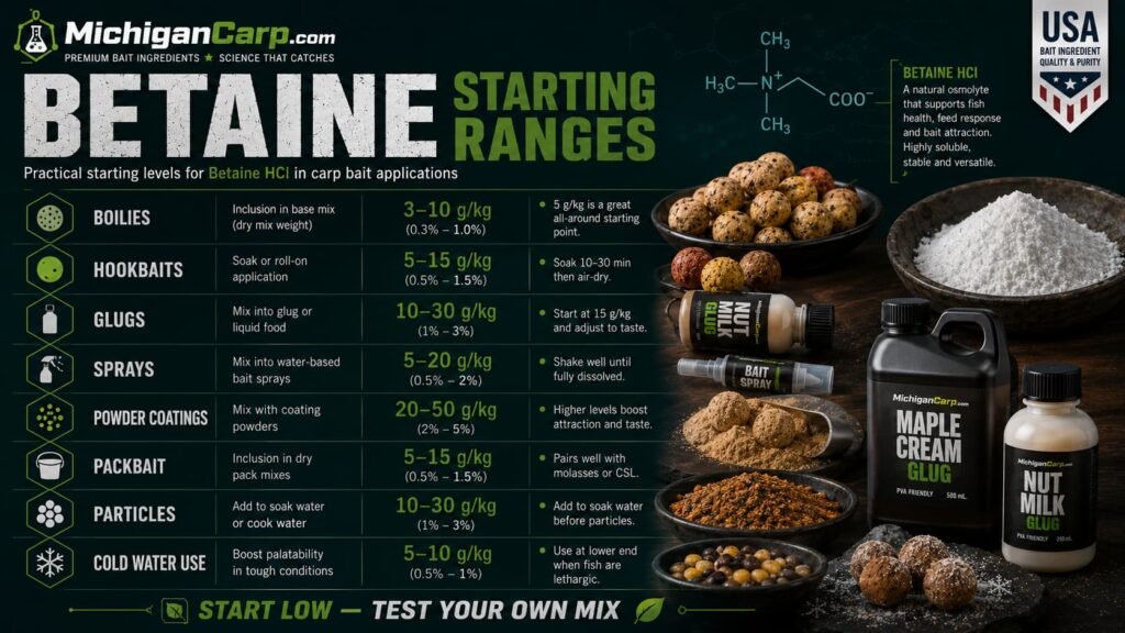 Betaine inclusion range guide for carp bait showing boilies hookbaits glugs sprays powder coatings packbait particles and cold water use