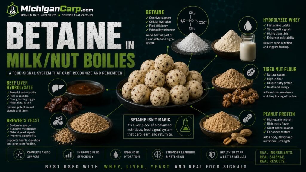 Betaine in milk nut boilies showing hydrolyzed whey beef liver hydrolysate brewer’s yeast tiger nut flour peanut protein and cream boilies