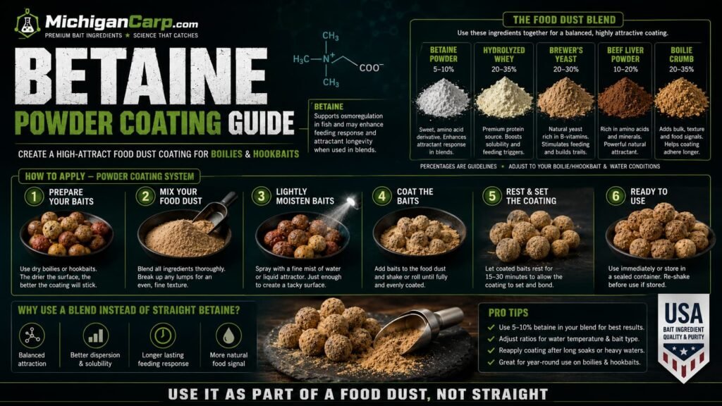 Betaine powder coating guide for carp bait showing betaine hydrolyzed whey brewer’s yeast beef liver powder boilie crumb and coated hookbaits
