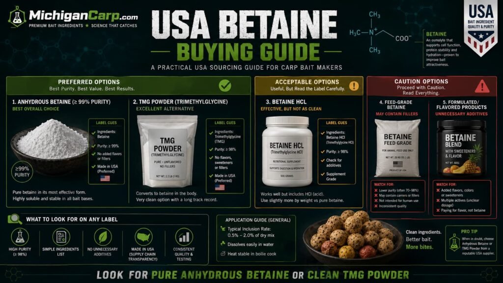 USA betaine buying guide for carp bait showing anhydrous betaine TMG powder betaine HCl supplement labels feed grade betaine and boilies