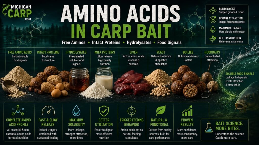 Amino acids in carp bait showing free amino acids intact proteins hydrolysates milk proteins liver yeast boilies hookbaits and soluble food signals