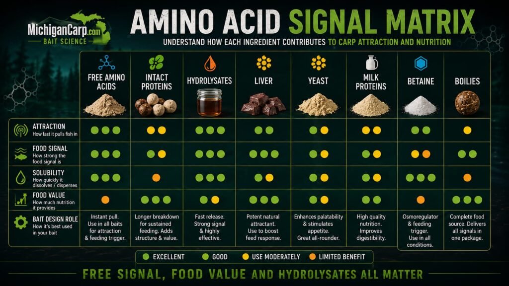 Amino acid signal matrix for carp bait comparing free amino acids intact proteins hydrolysates liver yeast milk proteins betaine and boilies